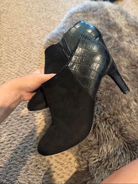 Xappeal Black Suede Ankle Boot with Croc-Embossed Heel